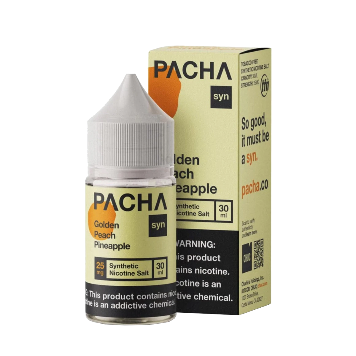 Pacha Syn Salt Nicotione Vape Juice 25 Mg 30 Ml Golden Peach Pineapple Pachamama